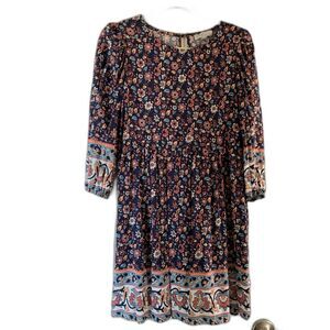 bebop Women Dress M Blue Floral Babydoll Bohemian Boho Festival 3/4 Sleeve Mini